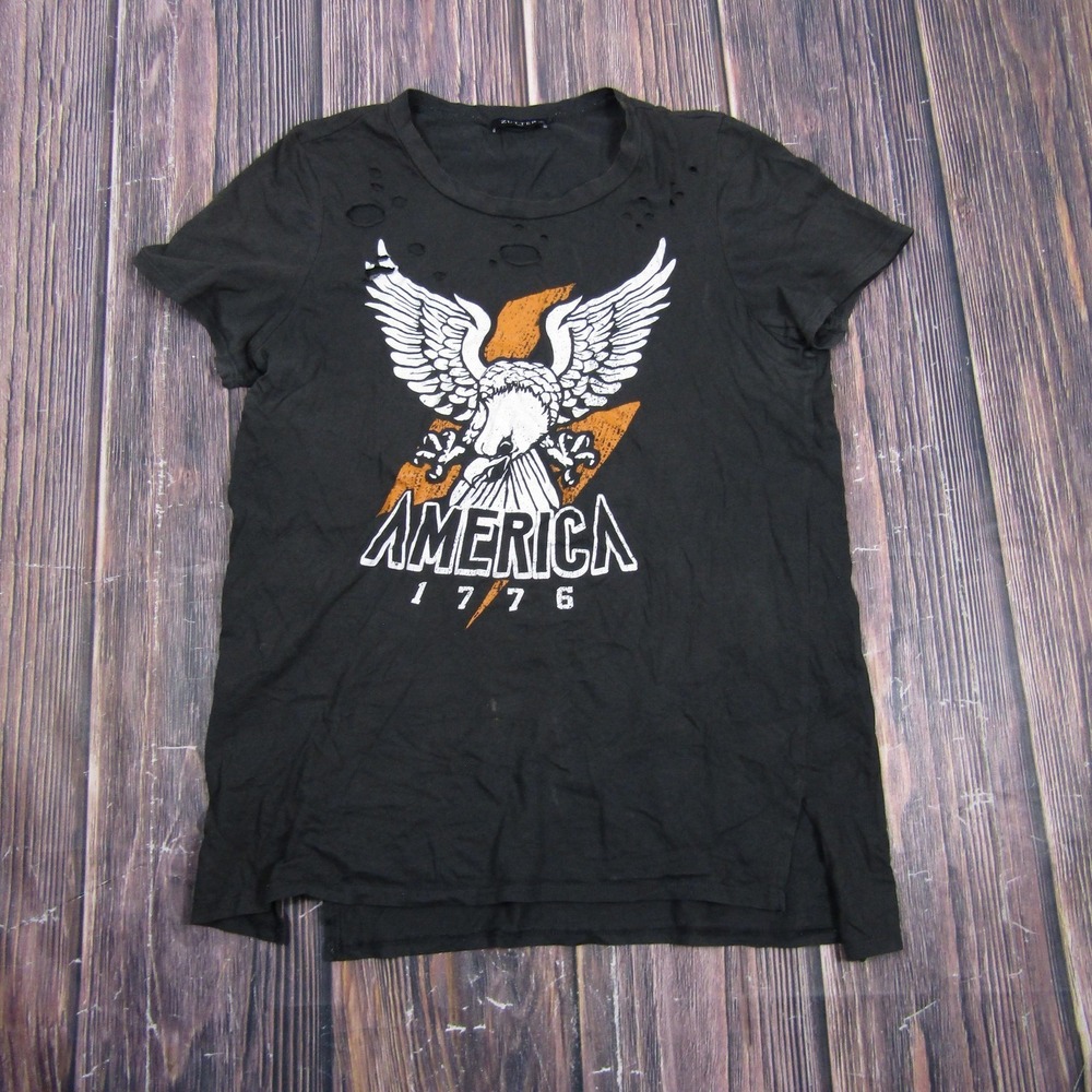 ZUTTER Womens Small Black Eagle AMERICA 1776 Graphic T Shirt Slim Fit Casual